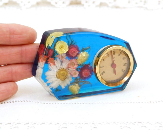 Vintage Mid Century 1960s Decorative Thermometer in Blue Transparent Resin with Dried Flowers, Novelty 1970 Retro Temperature Instrument