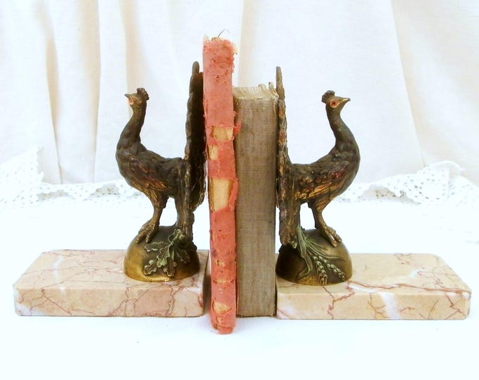 Antique French Art Deco Cold Painted Metal Peacocks on Pink Marble Bookends, Bird Book Buttresses From France, Animal Book Ends, Retro Home Antique French Art Deco Cold Painted Metal Peacocks on Pink Marble Bookends, Bird Book Buttresses From France, Animal Book Ends, Retro Home