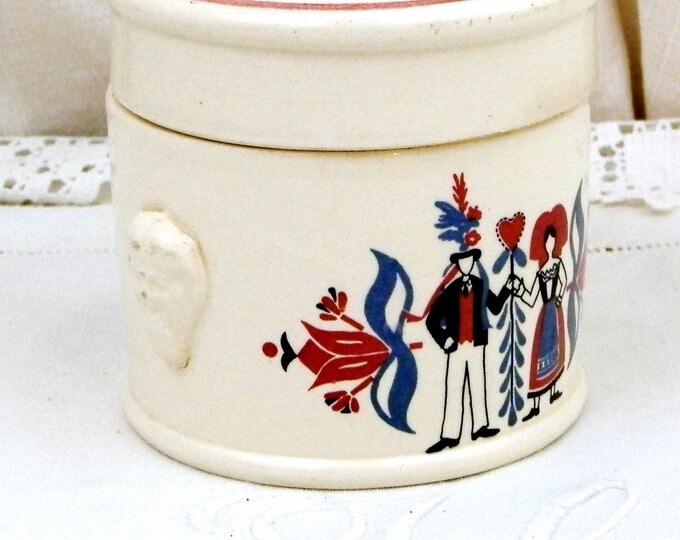 Vintage Traditional French Ceramic Lidded Fois Gras Crock Pot with Mask Handles by Sarreguemines, Germanic Pattern from Alsace Region