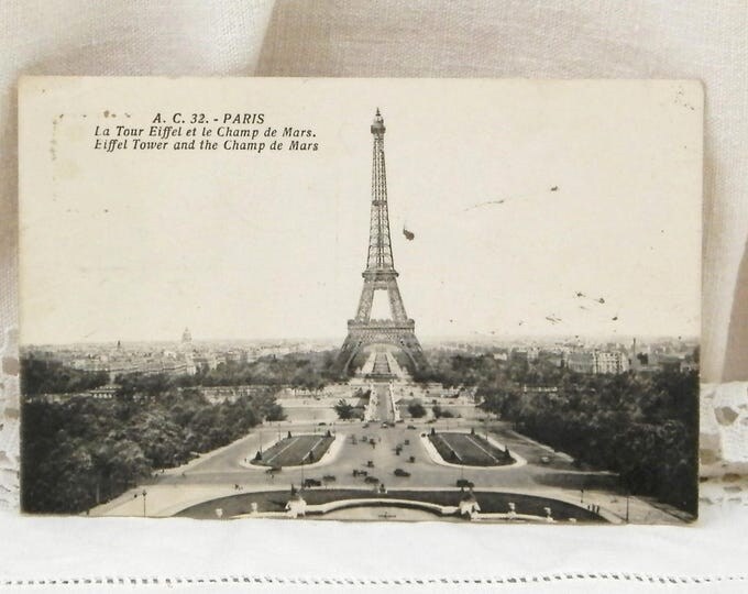 Antique French Black and White Postcard View of The Eiffel Tower and the Champ de Mars in Paris Posted in 1936, Parisian, Deltiology