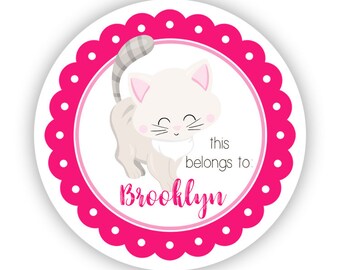 Cat Kids Personalized Stickers - Hot Pink Kitten Stickers, White Cat Name Tag, Gray Kitten Name Label Stickers - Back to School Name Labels