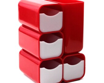 Vintage 1970's HOF Plastic Desk Caddy 4 Drawer Organizer Red and White #7412