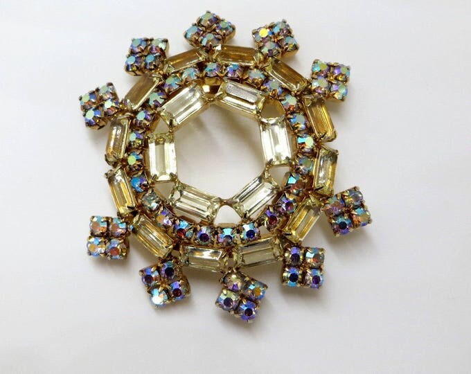 Rhinestone Brooch, Vintage Aurora Borealis Pin, Yellow Baguette Stones, Vintage 1960s Jewelry