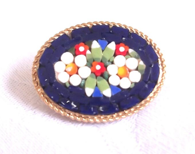 Vintage Micromosaic Brooch, Cobalt Blue Floral Micromosaic Pin, Italy