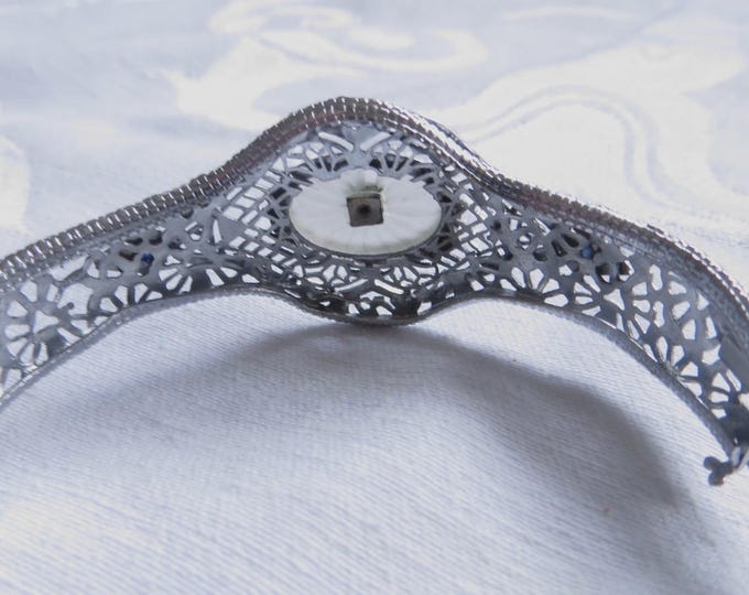 Antique Art Deco Camphor Glass Bracelet, Sapphire Glass Stones, Rhodium Filigree Setting, Antique Art Deco Camphor Jewelry
