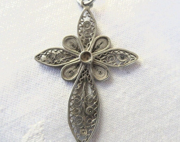 Sterling Filigree Cross Pendant, Sterling Silver Filigree Cross, Wire Work Cross Pendant, Cross Necklace