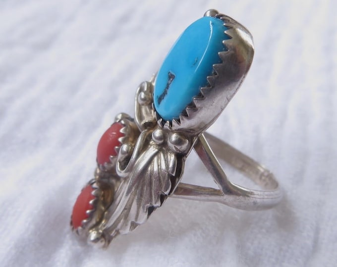 Navajo Sterling Ring, Turquoise Coral, Signed Scott Dave, Vintage Navajo Artisan, Old Pawn Jewelry, Size 6.5