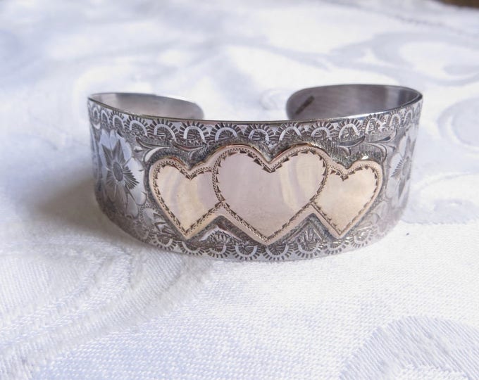 Sterling Silver Bracelet, Vintage Etched Cuff, Gold Heart Overlay, Statement Bracelet, Suitable for Engraving