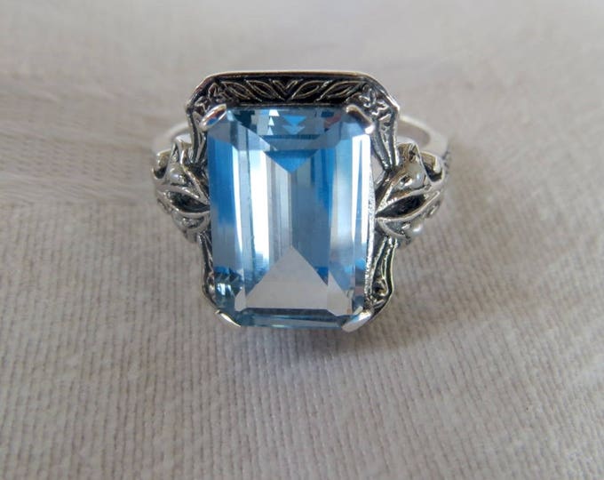 Sterling Aquamarine Ring, Emerald Cut, Pearl Accents, March Birthstone, Aquamarine Jewelry, Engagement Ring, Promise Ring, Size 6.5
