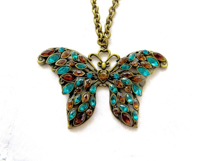 Rhinestone Butterfly Necklace, Vintage Butterfly Pendant, Teal & Amber Navettes, 30 " Cable Chain Butterfly Jewelry