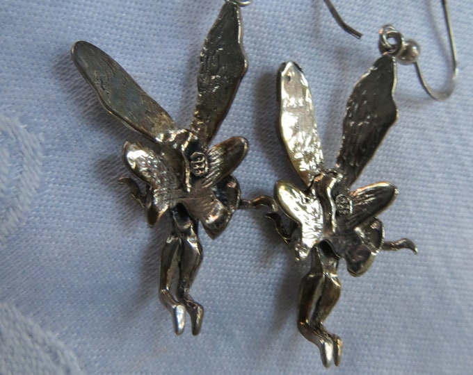Sterling Silver Fairy Earrings, Silver Angel Earrings. Pierced Drop Earrings Vintage Angel Jewelry
