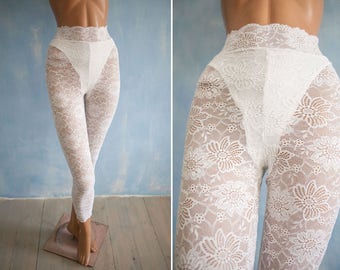 90s woman vintage white lace leggings/ floral lace wedding bridal streatch pants/ gotic rave punk festival pants/S