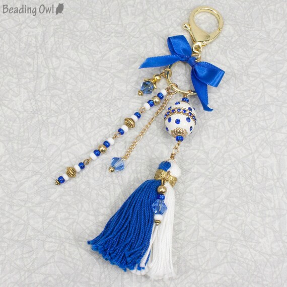 Royal Blue and White Purse Tassel Key Chain / Sapphire