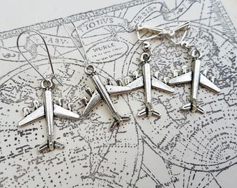 Airplane earrings, silver plane charms, clip on or pierced, travel theme, aeroplane journey