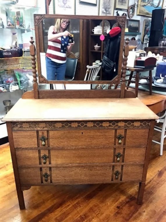 Tiger Oak Dresser with Beveled Mirror