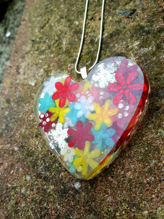 Resin Heart Necklace Flower Floral Pendant Ladies Girls