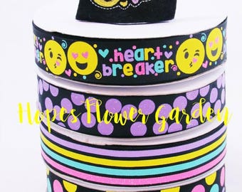 3 Yards 7/8" Emoji Heart Breaker - YOU Choose Ribbon Design Emoji Ribbon on High Quality Black Grosgrain Ribbon, Emoji Ribbon, Emoji Hairbow