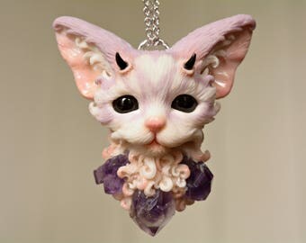 Sweet Kitty Violet necklace , amethyst crystals