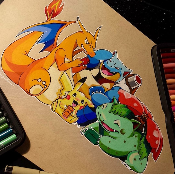 8x10 Original colored pencil Pokemon Starters Fan Art gift