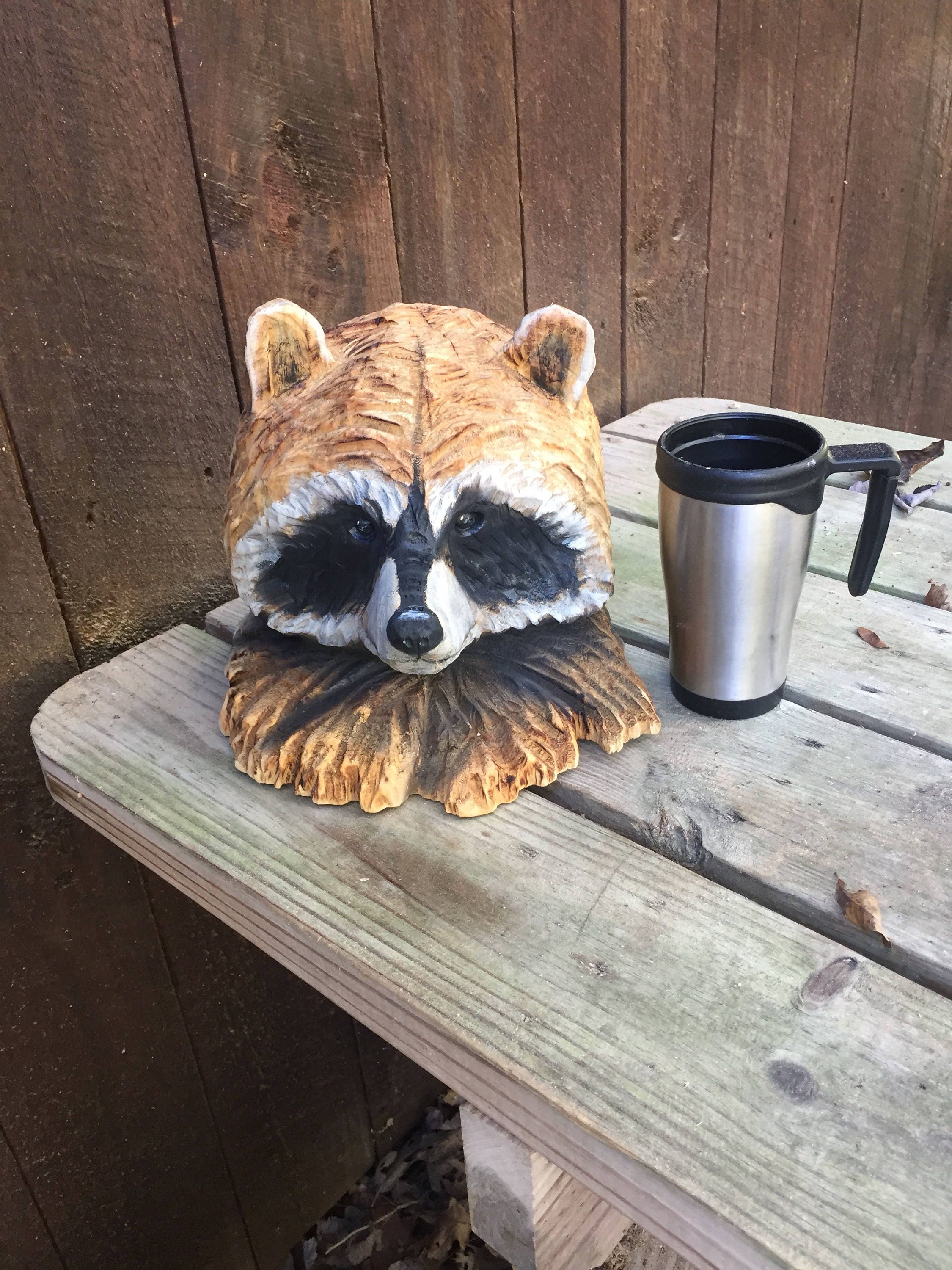 Raccoon, Wood Carving, Chainsaw Carving, Rustic Decor, Wood Gift for