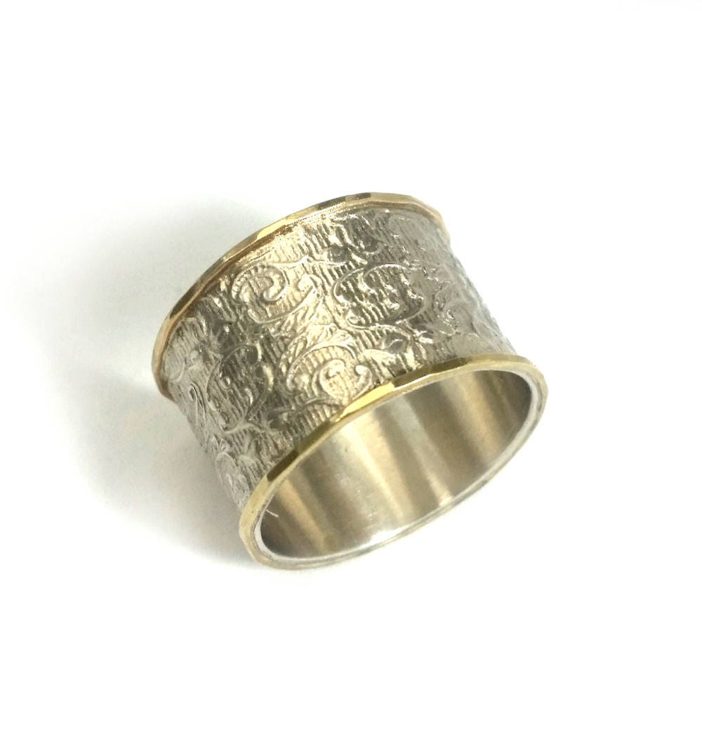 Wide silver wedding ring flower and leaf pattern women's