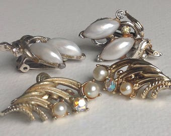 2 Pairs Retro Goldtone Rhinestone & Pearl Earrings - Clip on Fitting - Gifts for Her
