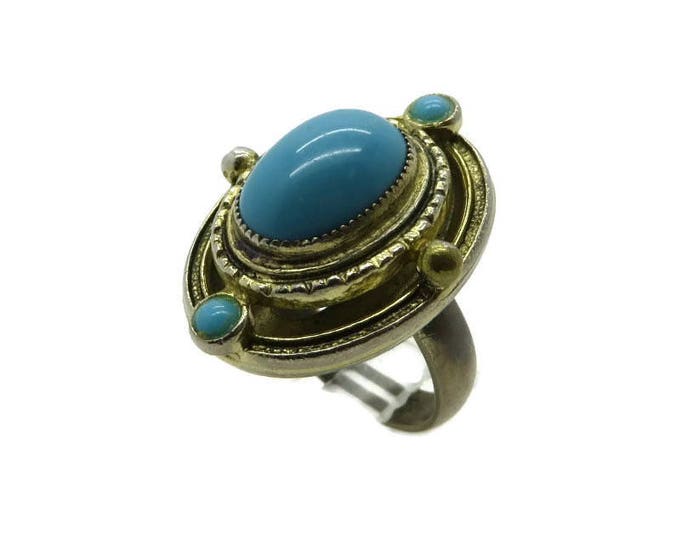 Faux Turquoise Boho Ring, Vintage Goldtone Costume Jewelry Fun Gift Ring, Adjustable Ring