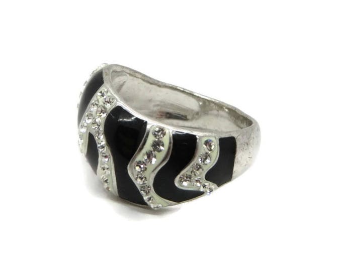 Sterling 925 Zebra Stripe Ring, Vintage Black Enamel, CZ Ring, Size 8