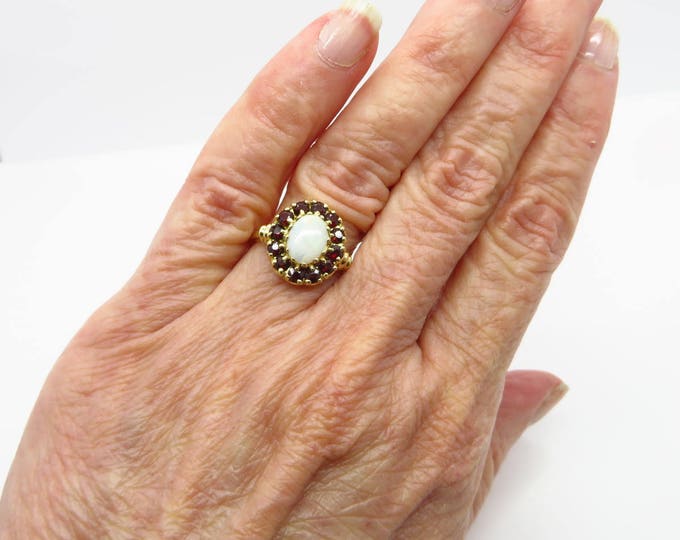 ON SALE! Opal Garnet 14K Gold Ring Vintage Estate Halo Cocktail Ring Anniversary Birthstone Ring Size 6