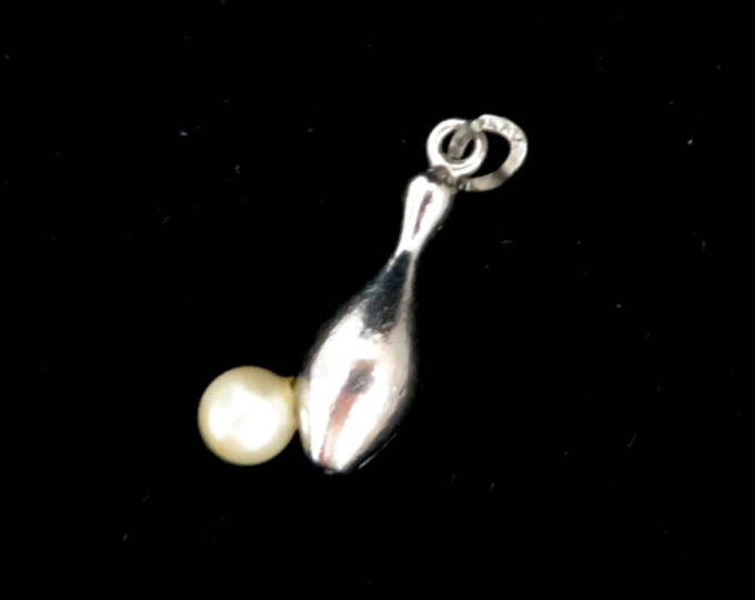 Sterling Silver Charm - Vintage Bowling Ball & Pin Charm, Faux Pearl, Gift for Her