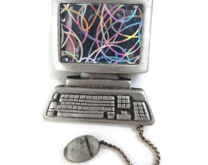JJ Computer Brooch, Vintage Pewter Silver Tone PC, Mouse, Colorful Pin, Gift for Her,