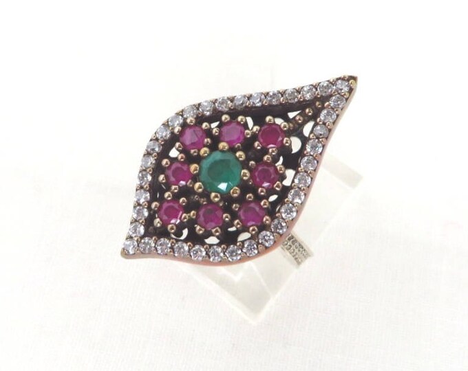 Vintage Ruby Silver Ring, Two Tone Sterling Silver Statement Ring, Lab Created Ruby, Emerald & CZ Ring, Size 7