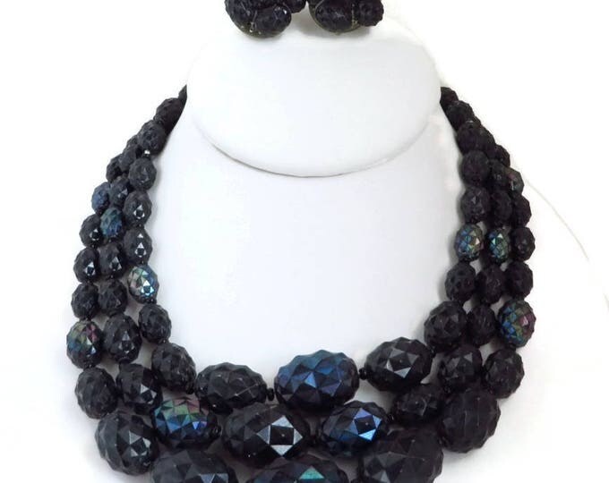 Black Bead Jewelry Set, Necklace & Earrings, West Germany Demi Parure, Multi Strand Necklace, Clip-on Earrings, Gift for Her
