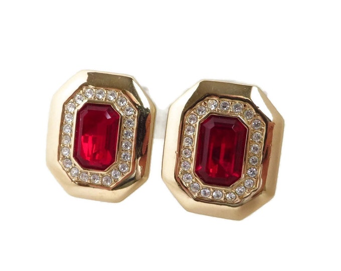 Vintage S.A.L. Swarovski Crystal Earrings, Ruby Red & Clear Rhinestone Earrings, Gold Tone Clip-on 1970s Jewelry
