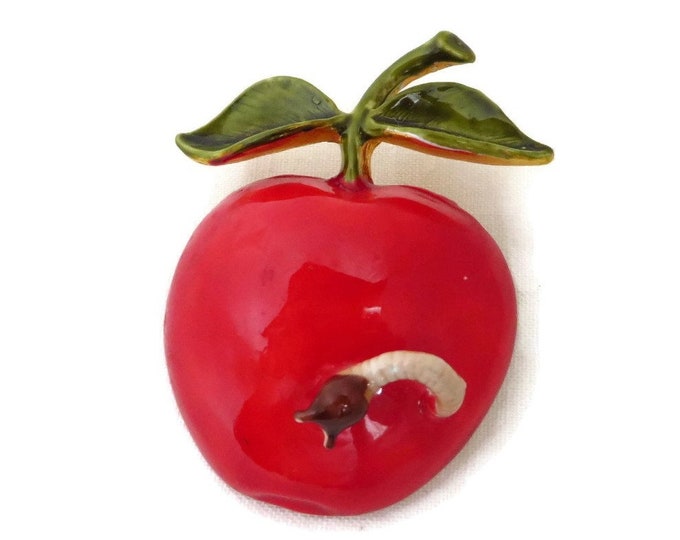 Red Apple Brooch, Vintage Apple Pin, Hattie Carnegie Vintage Jewelry, Red Fruit Brooch with Worm, Vintage Gold Tone Signed Designer Pin