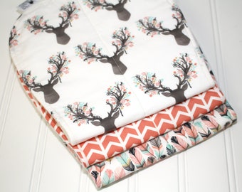 Woodland Baby Burp Cloth Set for Girls - Deer, Arrows, Buck Heads, Feathers, Baby Burp Clothes, Girl Burp Cloths, baby burp rags