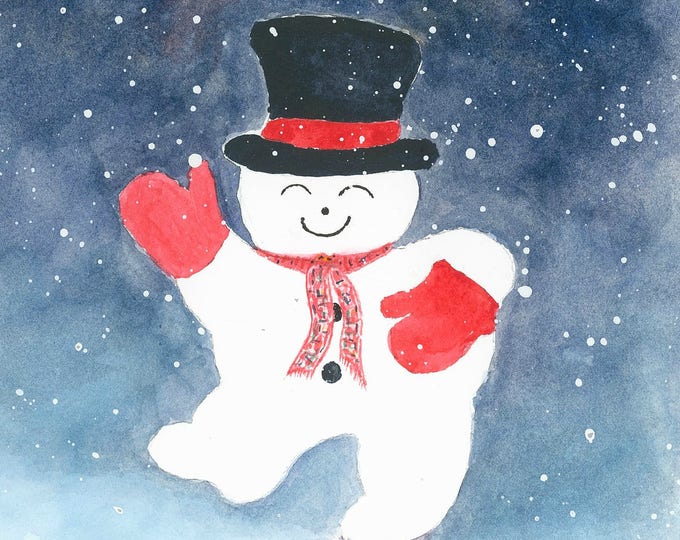 SNOWMAN HOLIDAY CARD 10-piece set; a watercolor by Pam Ponsart of Pam's Fab Photos; printed front and back; 5" x 7" with envelopes