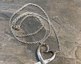 16", 1.6mm, vintage sterling silver handmade necklace, fine 925 silver circle link chain with heart shaped Pendant, stamped 925