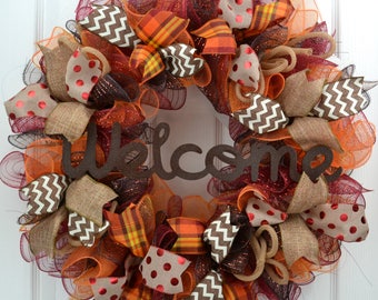 Welcome Fall Wreath - Mesh Thanksgiving Wreath - Thanksgiving Door Wreath - Fall Front Door Wreath - Welcome Fall Wreath