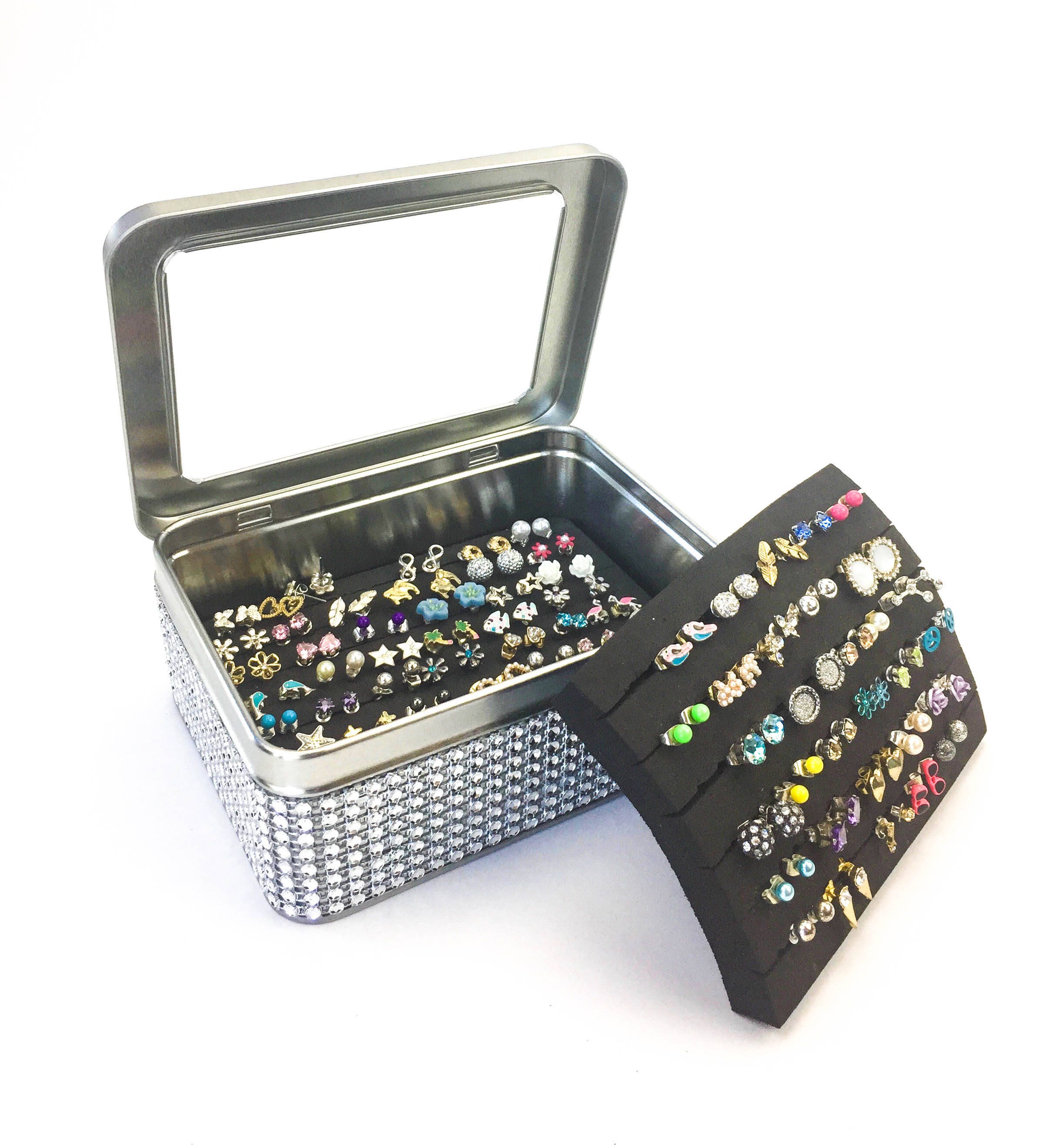 Tin Jewelry Box Silver Dazzled Ribbon Extra Insert