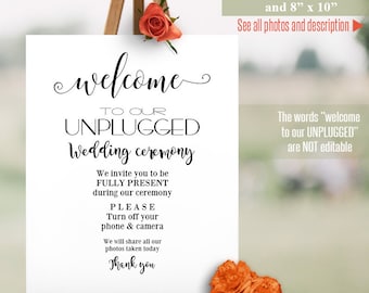 Unplugged ceremony sign, printable wedding template, unplugged sign, instant download Self Editable PDF A511