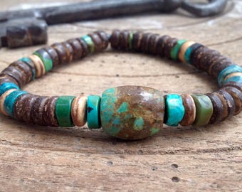 Men's Bracelet, Mexican Turquoise, Natural Turquoise Heishi, coconut wood, stretch, Earthy