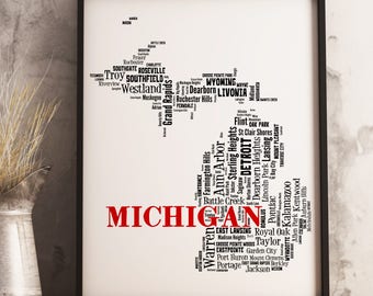 Michigan Map Art, Michigan Art Print, Michigan City Map, Michigan Typography Art, Michigan Wall Decor, Michigan Moving Gift