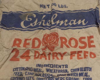 Cotton Red Rose Dairy Feed Canvas Sack, Vintage Feed Bag, Vintage Textile