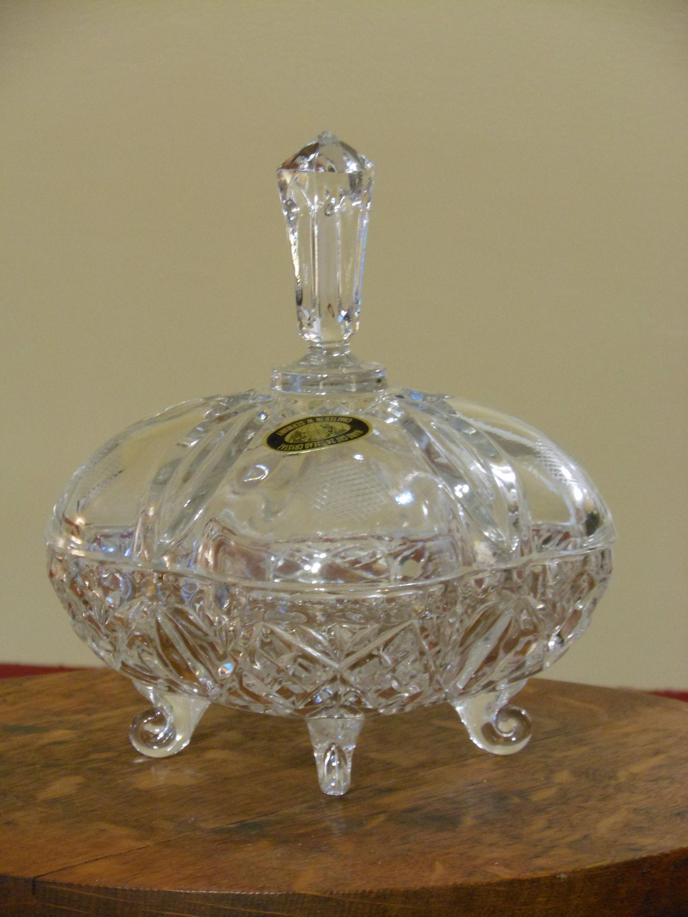 Footed West German 24 Lead Crystal Candy Dish w/ Spire Handle