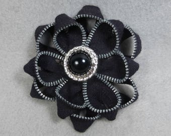 Black Flower Brooch, Zipper Brooch, Black Brooch, Black Pin, Zipper Pin, Zipper Art, Flower Pin, Upcycled, Recycled, Repurposed