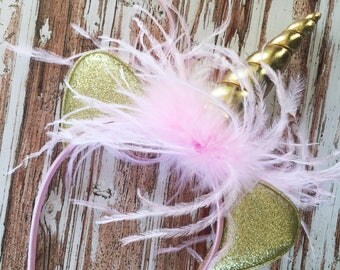 Unicorn Headband - Gold Unicorn Horn Headband - Dress Up Unicorn Head Band - Pink Feather Headband - Girls Birthday Headband - Costume Dress
