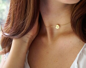 Gold choker necklace, Initial disc choker, Dainty chain choker personalized, Custom initial choker, Gold filled Silver choker Rose gold
