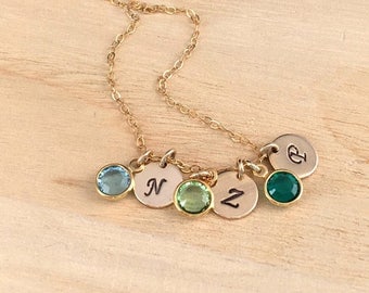 ON SALE Personalized Mother Necklace Gold Initial Disc Necklace Jewelry, Birthstone Charm Necklace Mom Jewelry with 1-2-3-4 Birthstone Gift