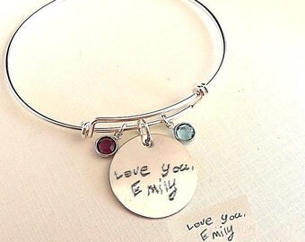 ON SALE Custom Handwriting Jewelry Expandable Sterling Silver Bracelet / Adjustable Actual Handwriting Bracelet with birthstone Large Coin